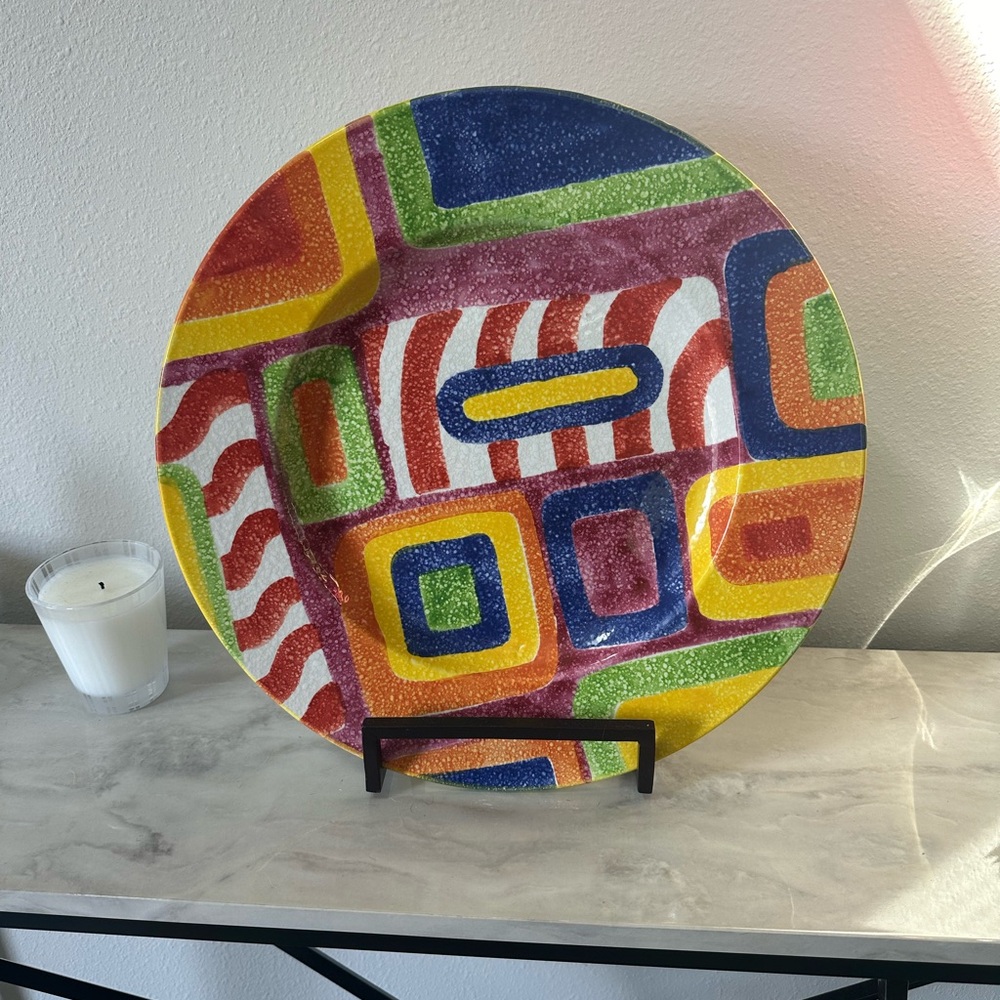 Colorful Abstract Vintage Hand Painted Italian Platter, Signed And Numbered